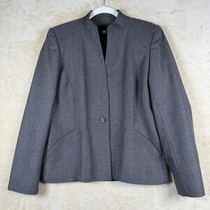 Pacesetter Women's Gray Herringbone Wool Blazer Collarless Size 12 Career Preppy